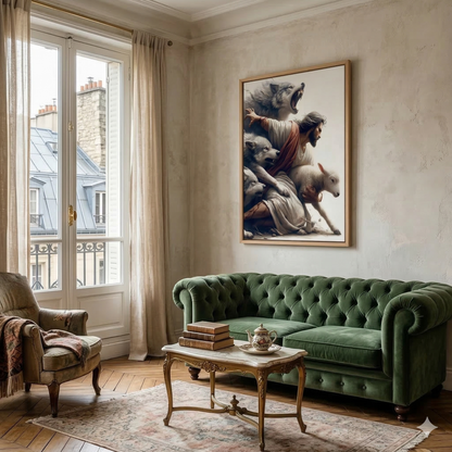 Jesus Protecting Lamb from Wolves