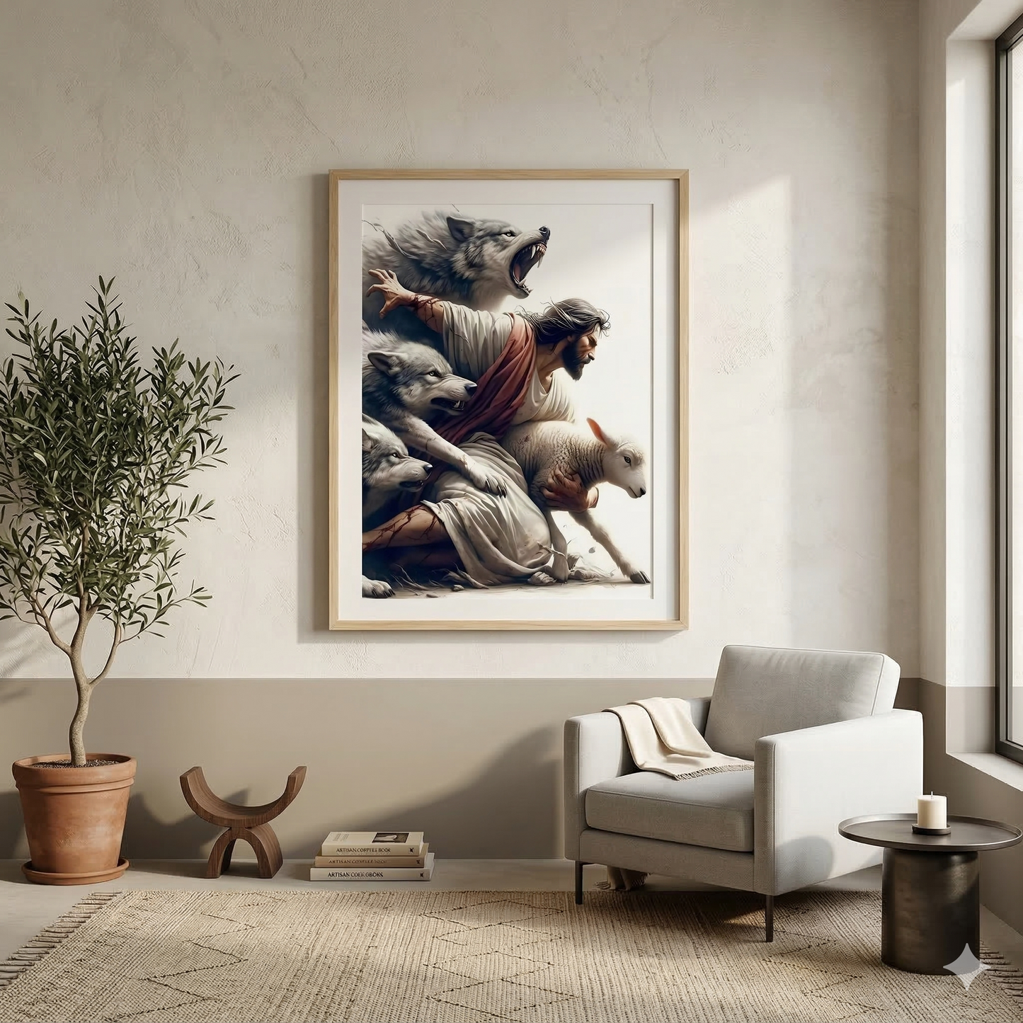 Jesus Protecting Lamb from Wolves