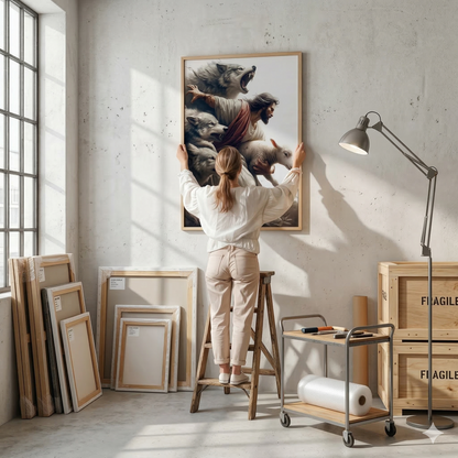 Jesus Protecting Lamb from Wolves