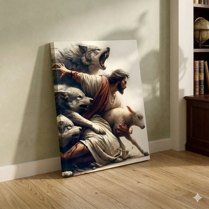 Jesus Protecting Lamb from Wolves